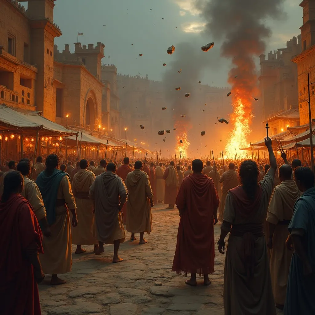Dramatic scene of public punishment in ancient Mesopotamia showing condemned criminals facing execution by fire as crowds and officials watch from a terraced courtyard