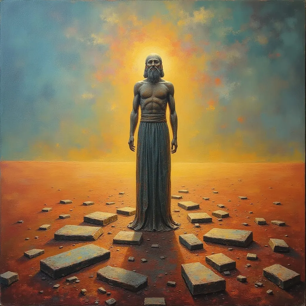 Surreal artistic representation of ancient Babylon with floating ziggurats and distorted perspectives